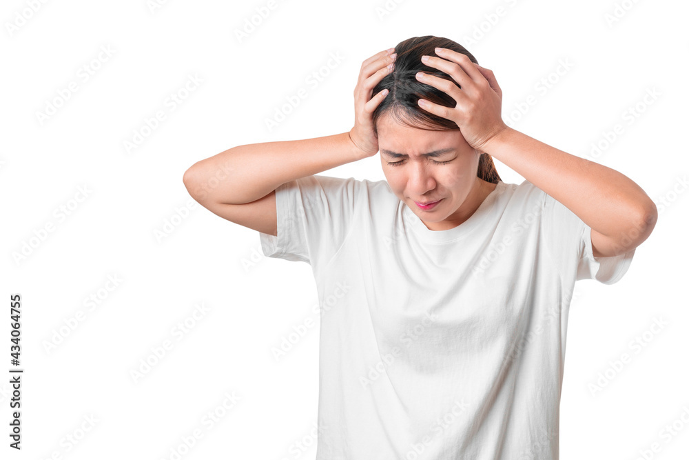 Naklejka premium Asian woman wear white t-shirt feeling sick have headache with migraine headaches isolate on white background, With clipping path.