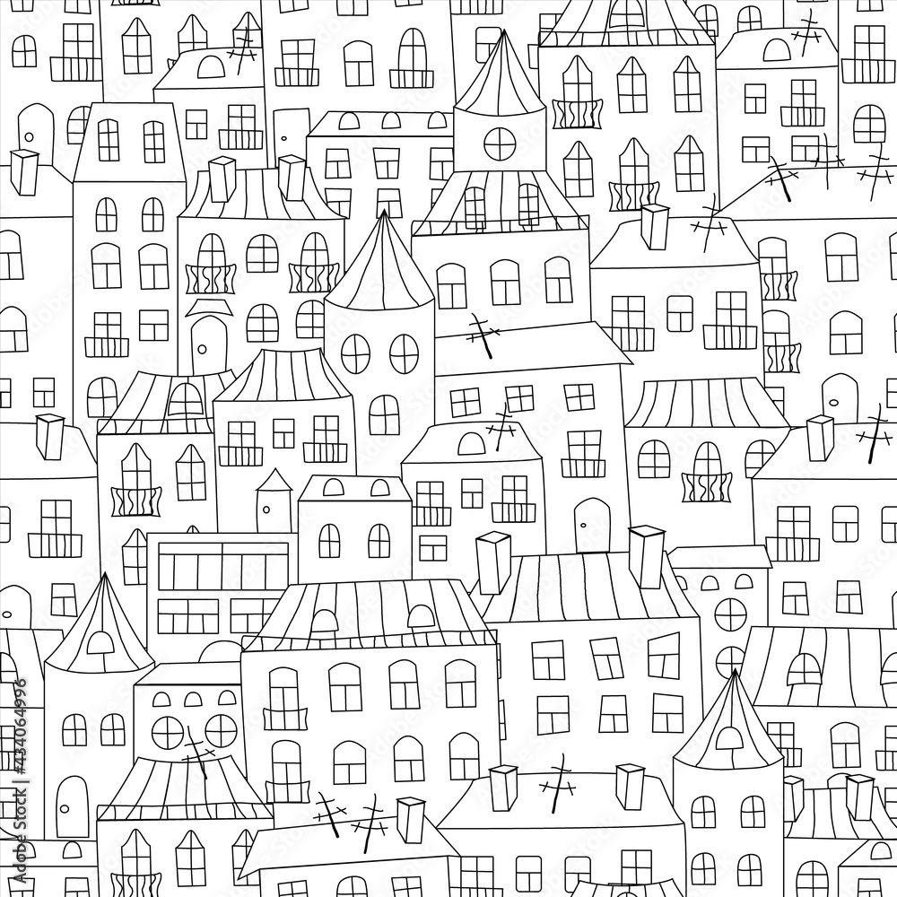 Seamless pattern with houses. Town houses and streets, roofs of building. Vector illustration in doodle style, black outline on a white background. Coloring.