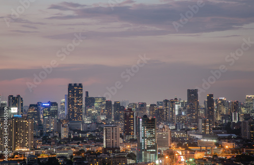 Bangkok  Thailand - May 09  2021  Aerial view of Beautiful scenery view of Skyscraper Evening time Sunset creates relaxing feeling for the rest of the day. Selective focus.