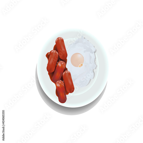 The sausages stir fried with tomato sauce and fried egg on the plate