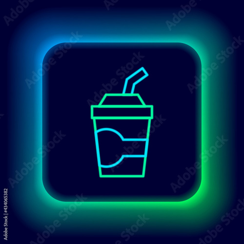 Glowing neon line Paper glass with drinking straw and water icon isolated on black background. Soda drink glass. Fresh cold beverage symbol. Colorful outline concept. Vector