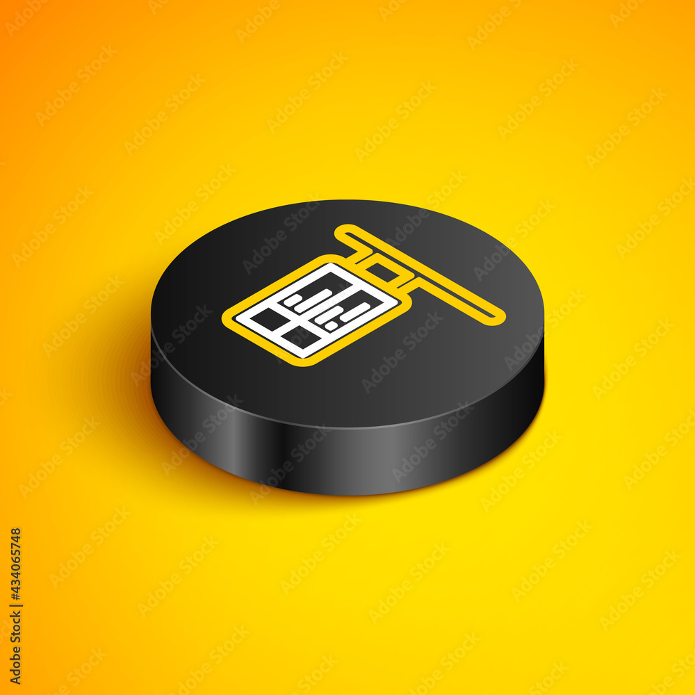 Isometric line Public transport board icon isolated on yellow background. Mechanical scoreboard. Info of flight on the billboard in the train. Black circle button. Vector Isometric line Public transport board icon isolated on yellow background. Mechanical scoreboard. Info of flight on the billboard in the train. Black circle button. Vector