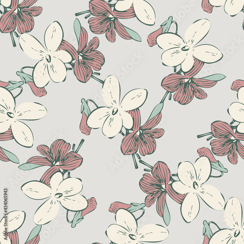 Drawing meadow bloom flowers. Cute floral seamless pattern. Nature abstract background vector wallpaper. Line art botanical illustration graphic design print. Trendy pastel grey, white, brown colors