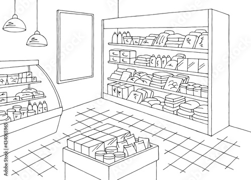 Grocery store shop interior black white graphic sketch illustration vector 