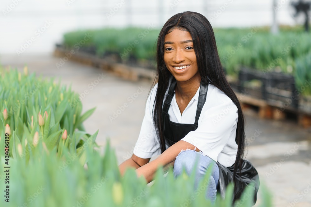 Beautiful young smiling african american girl, worker with flowers in greenhouse. Concept work in the greenhouse, flowers.