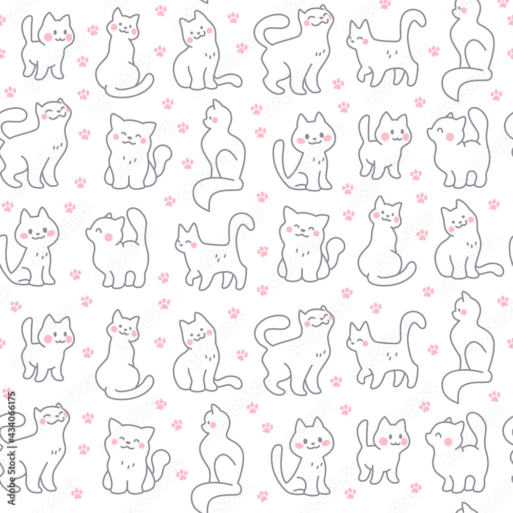 Seamless pattern with cute little cat silhouettes isolated on white background. Vector outline flat illustration. For nursery decor, wrapping paper, packaging design.