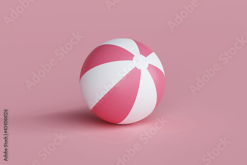 3d render illustration of a pink and white beach ball on a pink background. Summer vacation concept