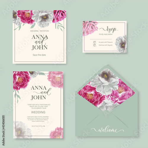 Wedding watercolor floral invitation, rsvp with gently watercolor flowers peony.