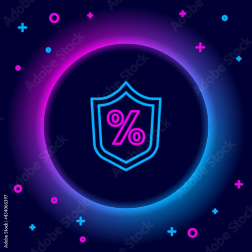 Glowing neon line Loan percent icon isolated on black background. Protection shield sign. Credit percentage symbol. Colorful outline concept. Vector