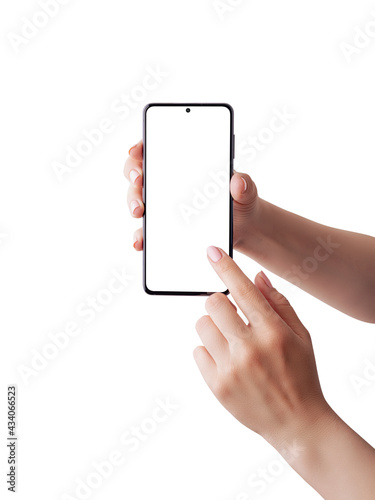 Woman hand shows the detail on app concept. Isolated display and background for mockup, app presentation.