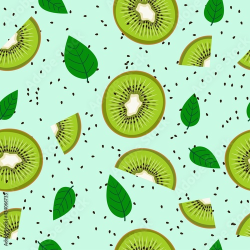 Seamless pattern of kiwi pieces and leaves on a mint background. A natural pattern.