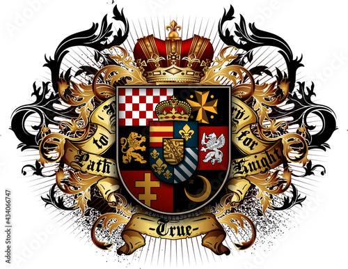 Heraldic shield with a crown on a white background. High detailed realistic illustration