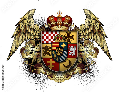 Heraldic shield with a crown and wings  on a white background. High detailed realistic illustration photo