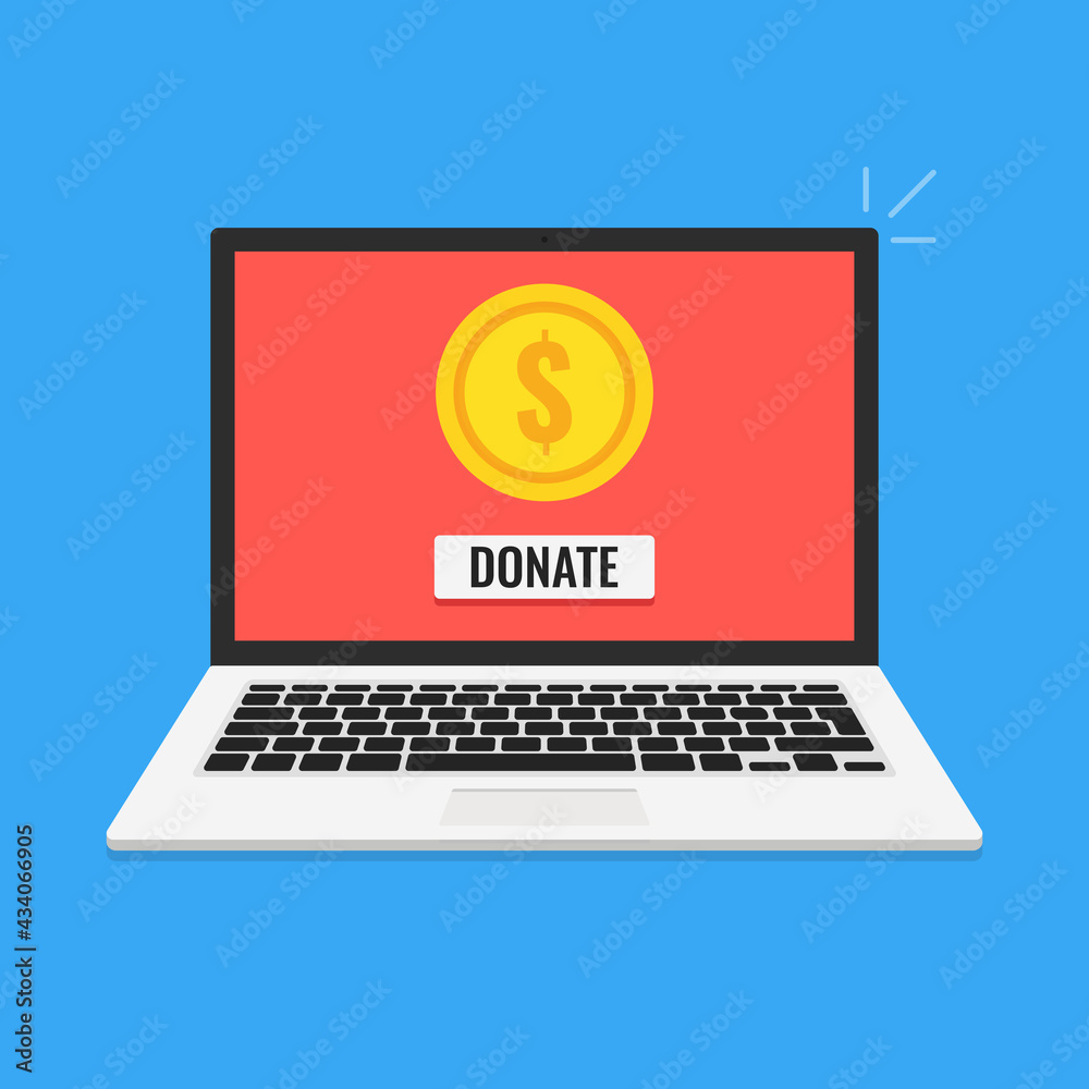 Donate online concept. Laptop with gold coin and button on screen. Vector illustration. Donate online concept. Laptop with gold coin and button on screen. Vector illustration.