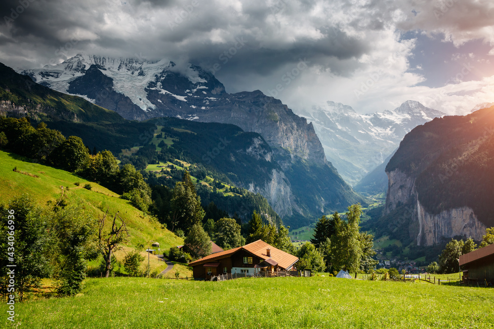 Panorama view of summer alpine resort Wengen. Location place Swiss alp, Lauterbrunnen valley.