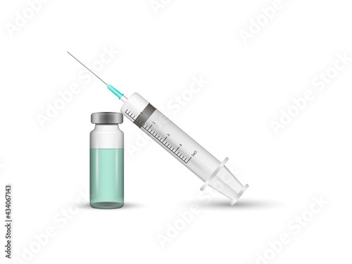 Medicine bottle for injection. Medical glass vials and syringe for vaccination.Vector illustration isolated on white background.