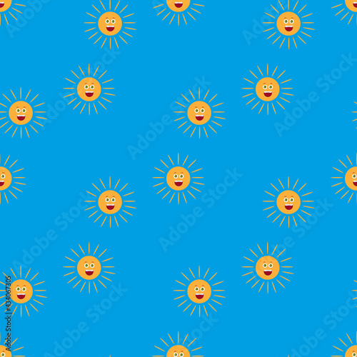 Seamless pattern with smiling sun on blue background. Vector image.