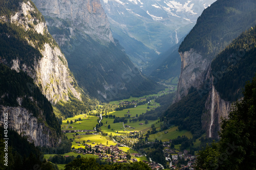 Panorama view of summer alpine resort Wengen. Location place Swiss alp, Lauterbrunnen valley. photo