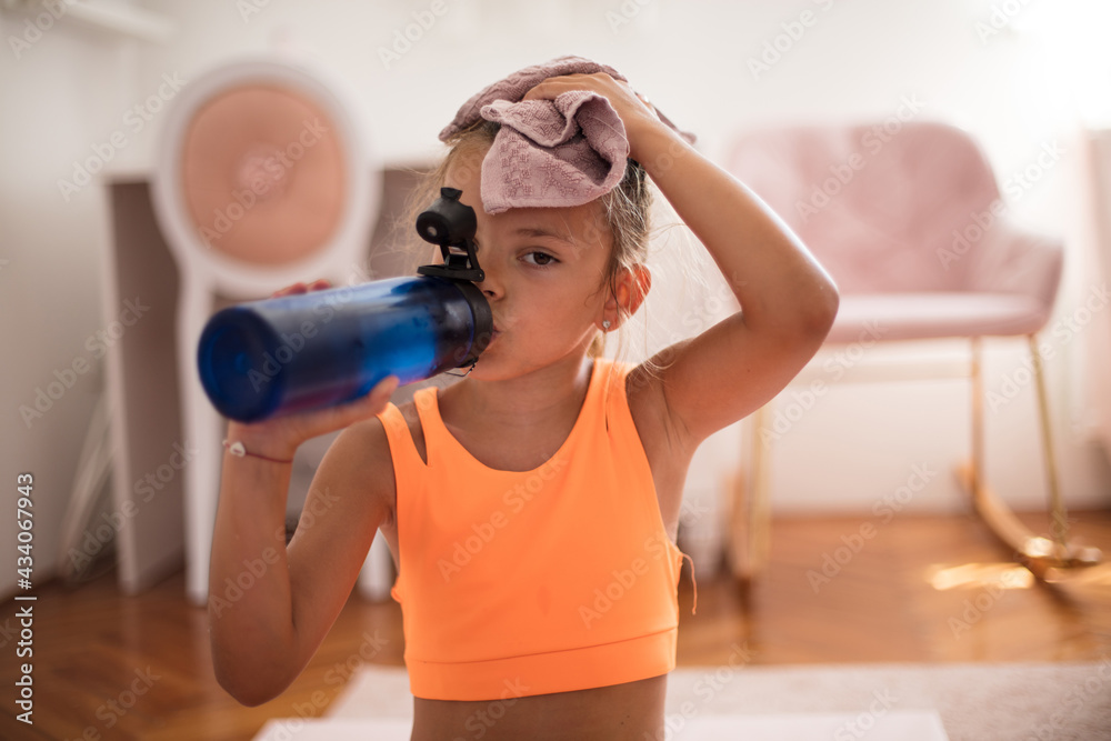 Asian Little Girls Drink Some Water Plastic Bottles Child Sweat