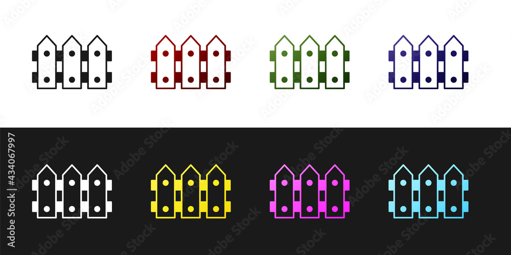Set Garden fence wooden icon isolated on black and white background. Vector