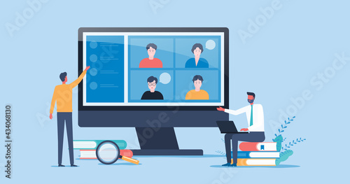 flat vector people online video conference for meeting with remote technology working and people work from home and business smart working online connect anywhere concept