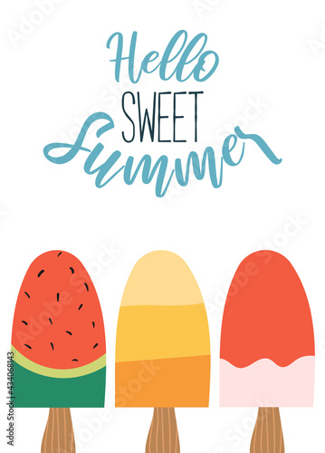 Cute summer poster with colourful ice cream. Vector illustration.