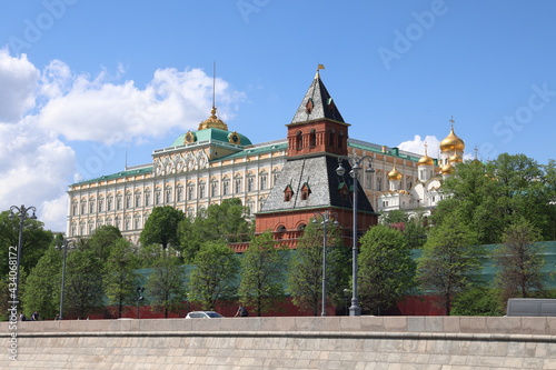 The Grand Kremlin Palace, Cathedral of the Annunciation and Taynitskaya Tower, view from a pleasure boat, Moscow, May 2021