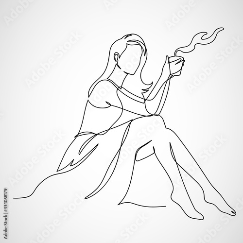 Continuous Line Woman sitting  with a coffee mug on white background, Modern design, Idea, Inspiration, fashion concept, Trendy style. Vector design illustratio