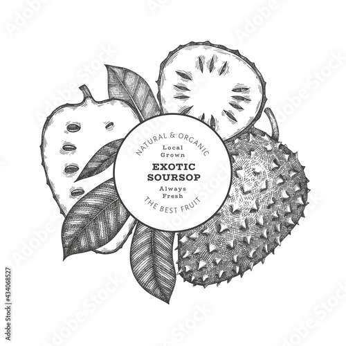 Hand drawn sketch style soursop fruit banner. Organic fresh fruit vector illustration. Retro guanabana design template