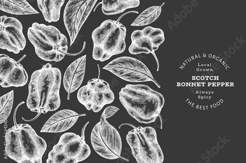 Hand drawn sketch style scotch bonnet pepper banner. Organic fresh vegetable vector illustration on chalk board. Retro cayenne pepper design template photo