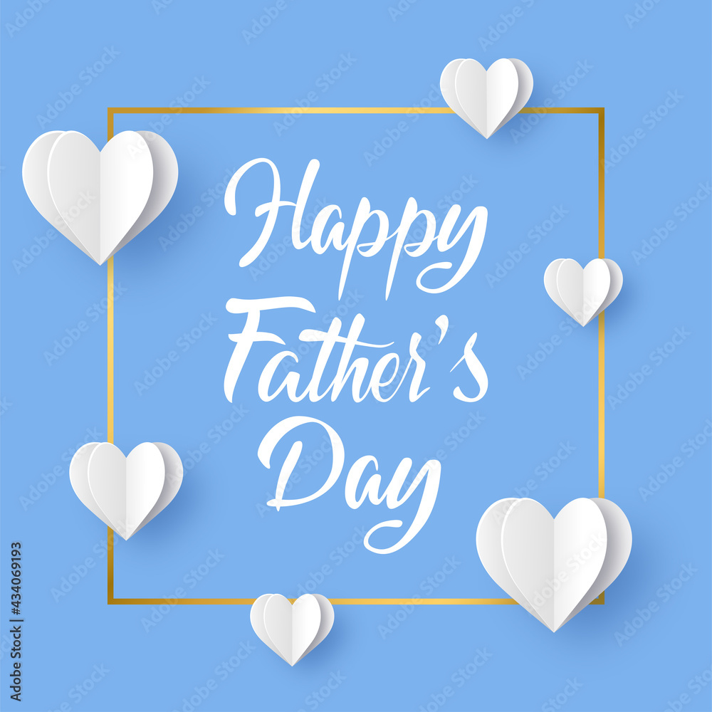Happy Father's Day handwritten inscription. Heart shape paper flying balloon and gold frame on blue background. Design for Fathers day card, poster, banner. 3d Paper art and craft. Vector illustration