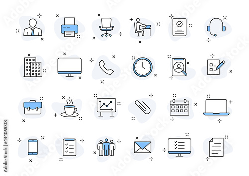 Set of 24 Office web icons in line style. Teamwork, workplace, coffee, work, business, employee. Vector illustration.