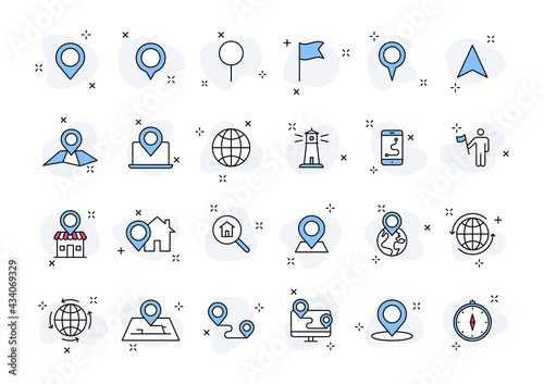 Set of 24 Globe and earth planet web icons in line style. Navigational Equipment, Planet Earth, Airplane, Map. Vector illustration.