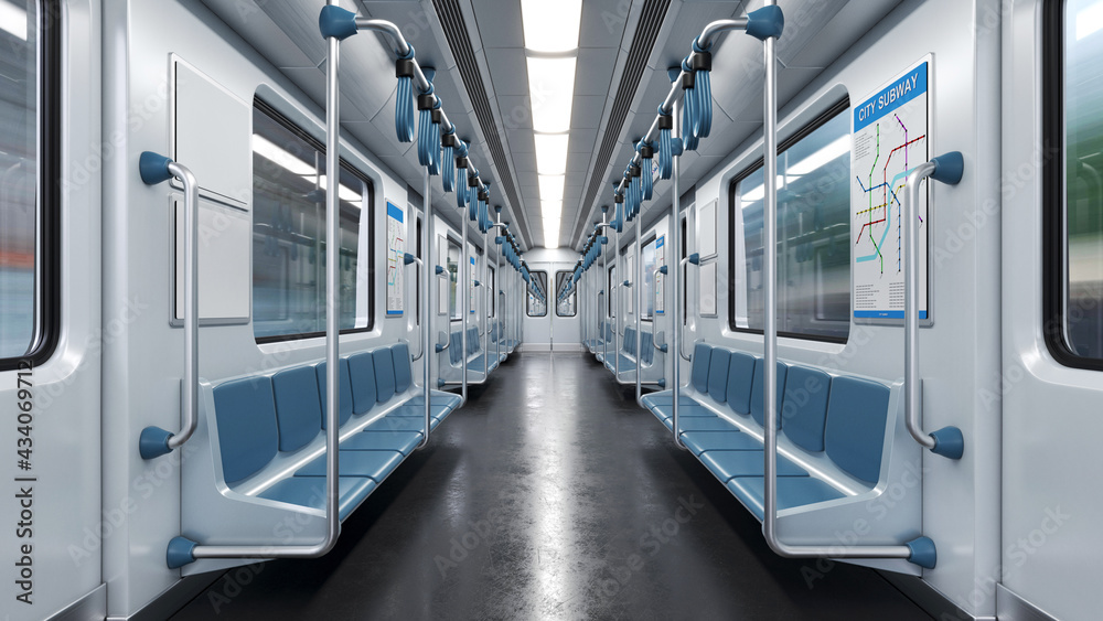 Inside empty subway car, metro car empty interior 3d rendering Stock  Illustration | Adobe Stock