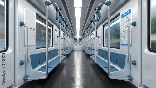 Inside empty subway car, metro car empty interior 3d rendering photo
