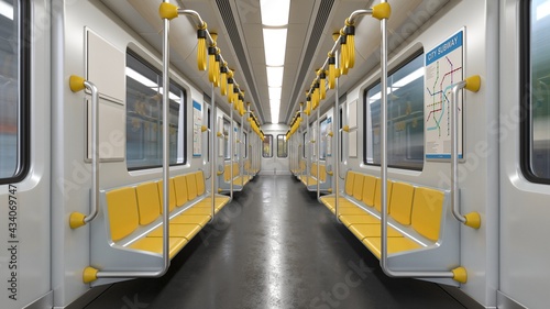 Inside empty subway car, metro car empty interior 3d rendering photo