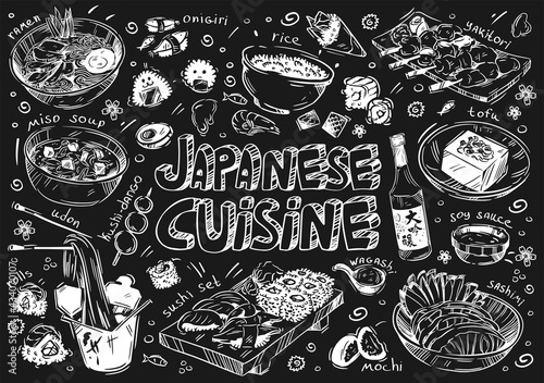 Hand drawn vector illustration food. Doodle Japan cuisine: rolls, sushi, miso soup, noodles, udon, rice, soy sauce, onigiri, sashimi, wagashi, tofu, yakitori, meat, bento, desserts, mochi