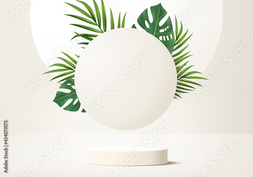 3d background products display podium scene with palm leaf geometric platform. background vector 3d render with podium. stand to show cosmetic products. Stage showcase on pedestal display biege studio