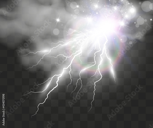 Vector image of realistic lightning. Flash of thunder on a transparent background.	
