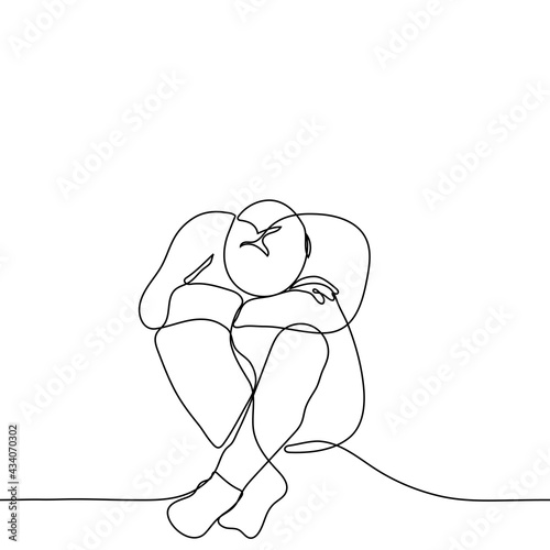 depressed man sits on the floor with his head resting on his forearms and his legs crossed at the knees - one line drawing. the concept of grief, despair, suffering, mental problems, problems in life