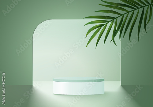 3d background product display podium scene with green leaf geometric platform. background vector 3d render with podium. stand to show cosmetic products. Stage showcase on pedestal display green studio