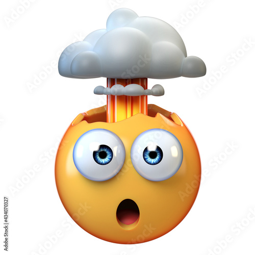 Mind blown emoji, exploding head emoticon on white background, 3d rendering