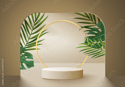 3d background products display podium scene with palm leaf geometric platform. background vector 3d render with podium. stand to show cosmetic products. Stage showcase on pedestal display biege studio