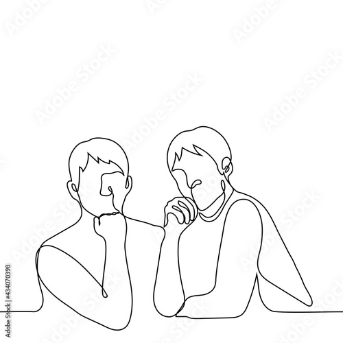 men propping their chins with  hands and looking at the viewer - one line drawing. concept of strict surveillance by society, cancel culture, tracking and espionage, condemnation, criticism