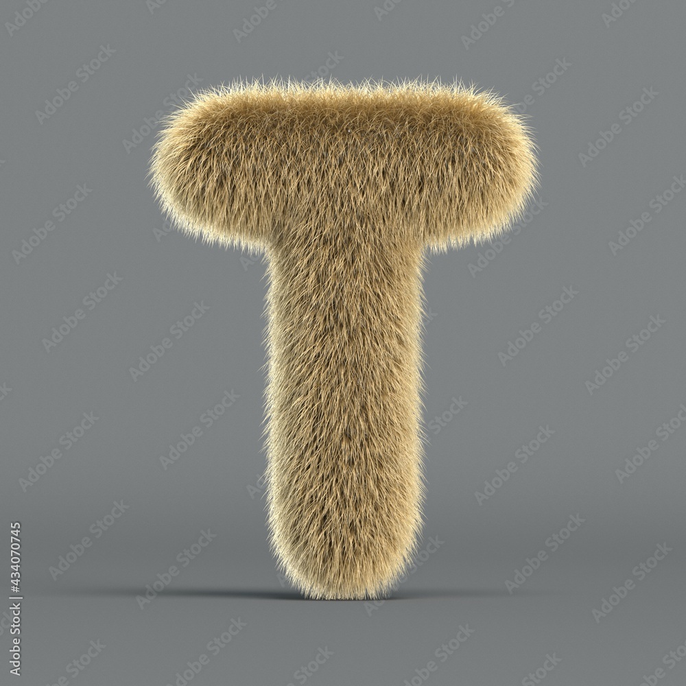 Hairy font, furry alphabet, 3d rendering, letter T Hairy font, furry alphabet, 3d rendering, letter T