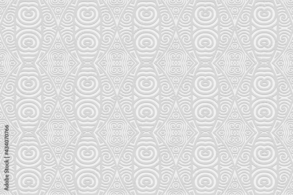 3D volumetric convex embossed geometric white background. Ethnic pattern in the style of doodling, the creativity of the peoples of the East. Elegant ornament for wallpaper, website, textile.
