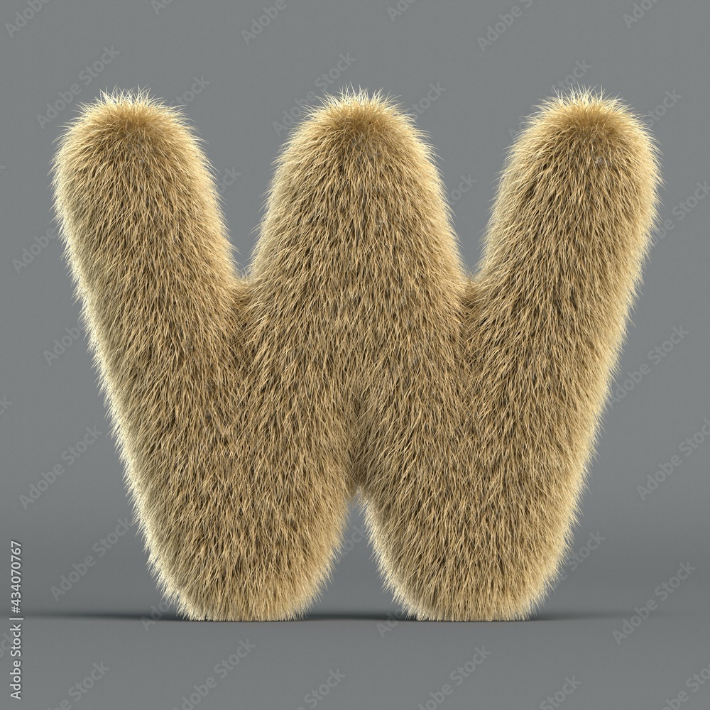 Hairy font, furry alphabet, 3d rendering, letter W Hairy font, furry alphabet, 3d rendering, letter W