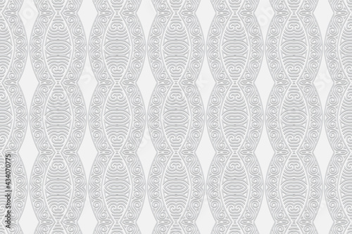 3D volumetric convex embossed geometric white background. Ethnic pattern in the style of doodling, the creativity of the peoples of the East. Creative ornament for wallpaper, website, textile.