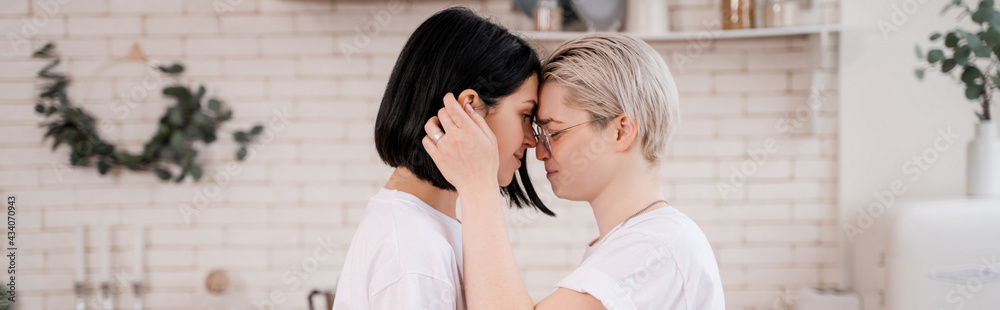 side view of young lesbian couple hugging in kitchen, banner side view of young lesbian couple hugging in kitchen, banner