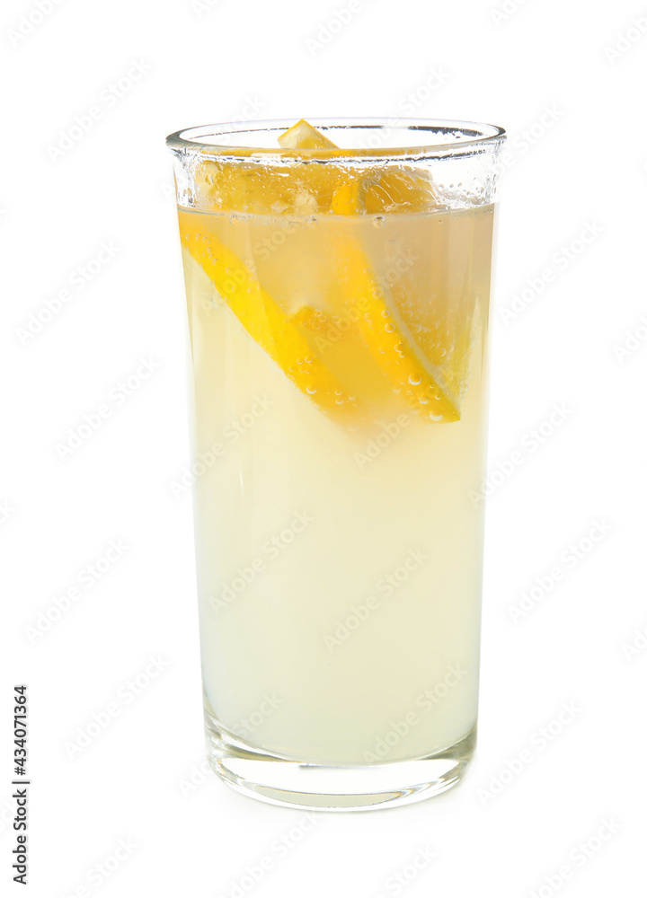 Refreshing lemonade in glass on white background Refreshing lemonade in glass on white background